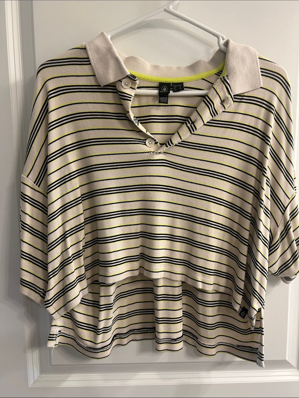 Volcom Oversized Cropped Striped Polo Top in Cream, Black & Neon Green